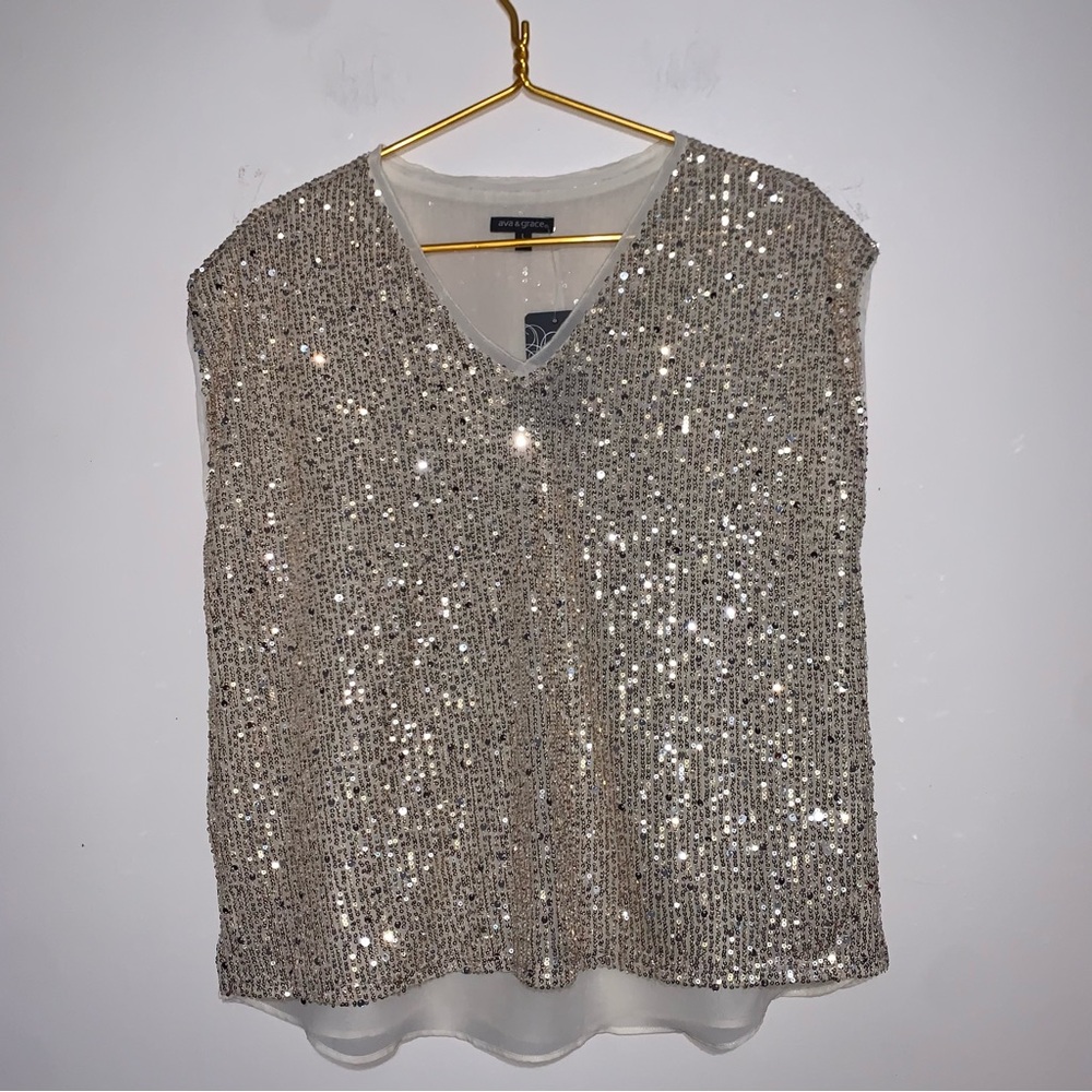 Ava & Grace Sparkling Silver Sequin Blouse Large